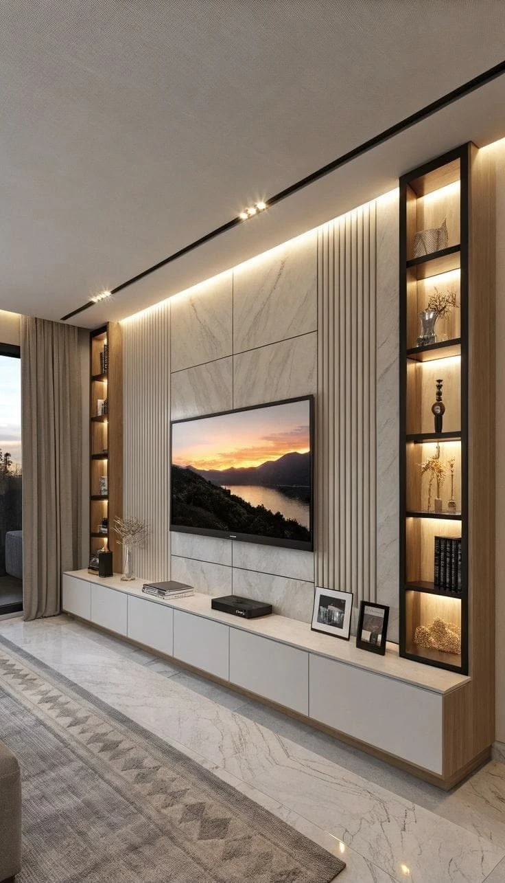 Aydınlatmalı TV ünitesi ve mermer duvar kaplaması